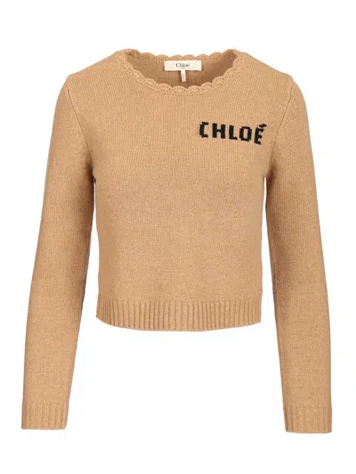 Chloé Crewneck Sweatwer With Logo Knitwear Beige In Brown