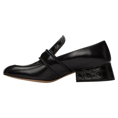Pre-owned Chloé Chloe Croc Embossed Logo Leather Loafers In Black