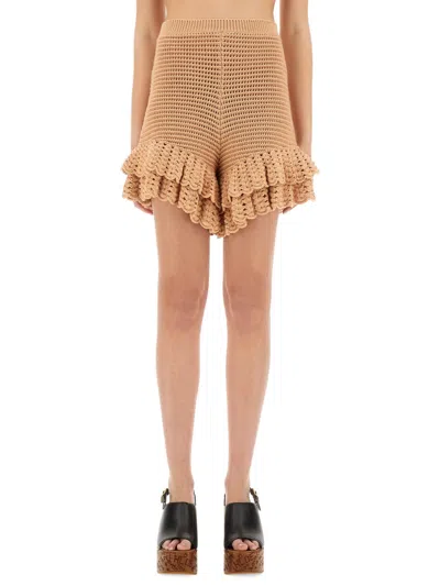 Chloé Crochet Knit Mini Shorts With Ruffles In Brown