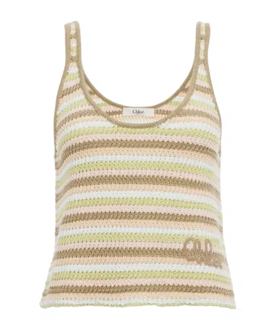 Chloé Cropped Embroidered Striped Crocheted Cotton Tank In Green
