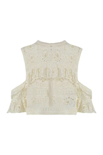 Chloé Crochet Knit Top With Ruffles In White
