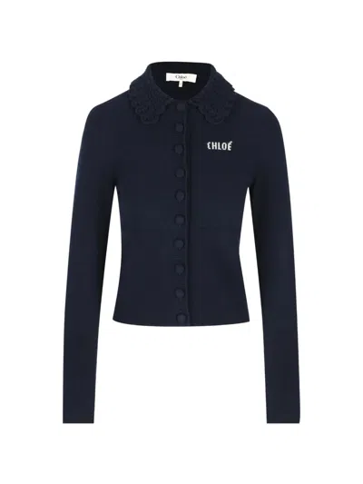Chloé Crochet-collar Logo-embroidered Cardigan In Blue