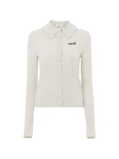 Chloé Crochet-collar Logo-embroidered Cardigan In White