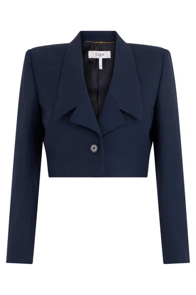 Chloé Cropped Wool Jacket With Modern Fit In Blue