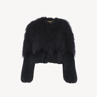 Chloé Blouson Court En Peau Lainée Femme Bleu Taille 38 100% Cuir D'agneau In Blue