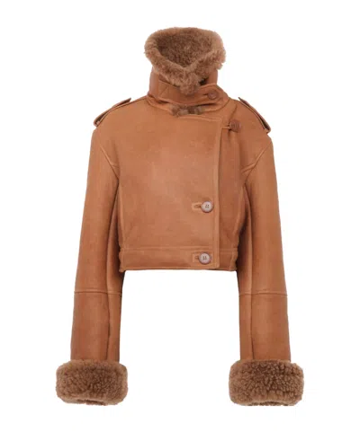 Chloé Cropped Boxy Jacket In Leather In Brown