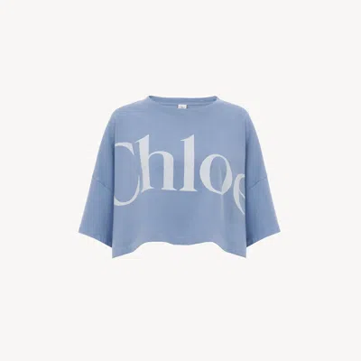 CHLOÉ T-SHIRT COURT DROIT EN JERSEY DE COTON À LOGO FEMME BLEU TAILLE L 100% COTON