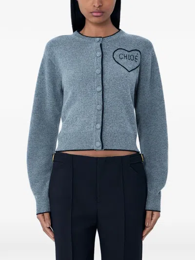 Chloé Fitted Cardigan With Logo In Wool And Cashmere Knit In Gray
