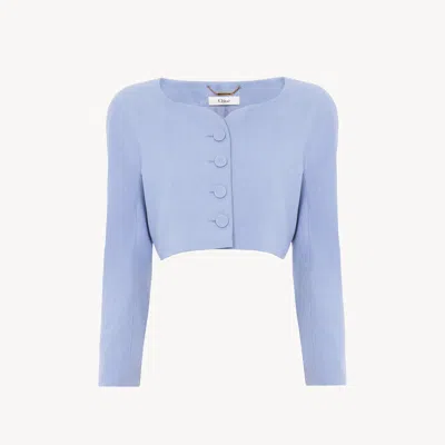 Chloé Cropped Collarless Jacket In Linen Crêpe In Blue