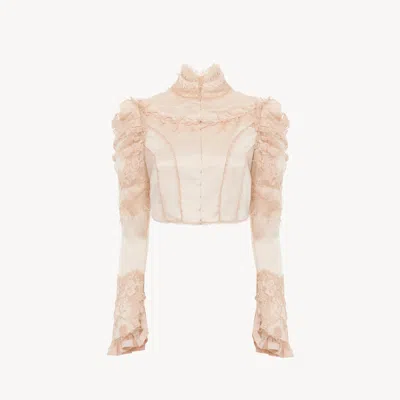 Chloé Cropped Fitted Jacket In Silk Duchess Satin & Lace In Pink