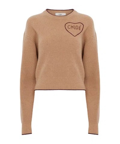 Chloé Cropped Fitted Logo Jumper In A Wool  Cashmere Knit In Brown