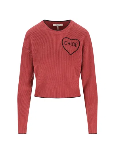 CHLOÉ CROPPED FITTED WOOL KNIT LOGO SWEATER