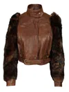 Chloé Leather Jacket With Belted Waist And Fur Sleeves In Brown