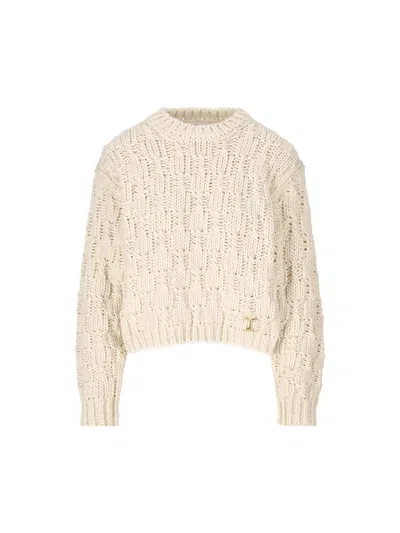Chloé Cropped Cable-knit Wool, Silk And Cashmere-blend Sweater In Beige
