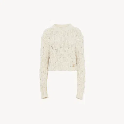 Chloé Cropped Intarsia Knitted Sweater In Wool Blend White Size M 79% Wool, 14% Silk, 7% Cashmere