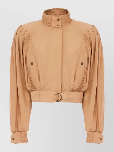 Chloé Cropped Jacket Puff Sleeves Elastic Cuffs Belt In Brown