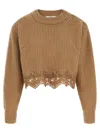 Chloé Pullover Corto Con Collo A Lupetto In Maglia Di Lana E Cashmere Con Pizzo In Brown