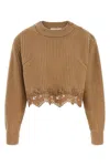 Chloé Pullover Corto Con Collo A Lupetto In Maglia Di Lana E Cashmere Con Pizzo In Brown