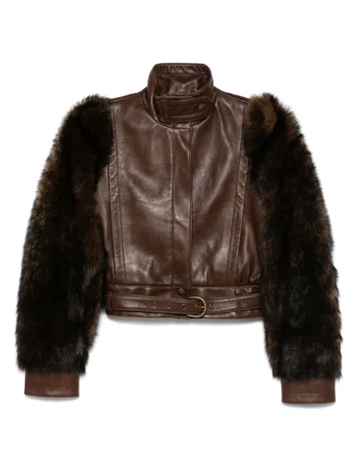 Chloé Cropped Leather Fur Jacket In Brown