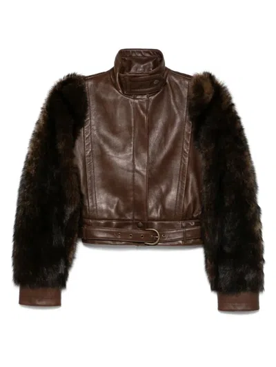 Chloé Cropped Leather Fur Jacket Clothing In Brown