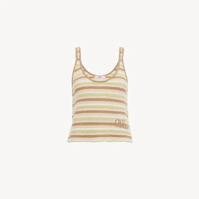 Chloé Cropped Embroidered Striped Crocheted Cotton Tank In Green