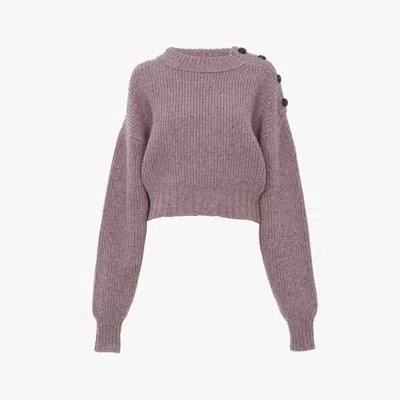 Chloé Cropped Mock-neck Sweater In A Merino Wool Knit Pink Size M 100% Wool, Bovine Leather In Gray