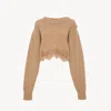 Chloé Pullover Corto Con Collo A Lupetto In Maglia Di Lana E Cashmere Con Pizzo In Brown