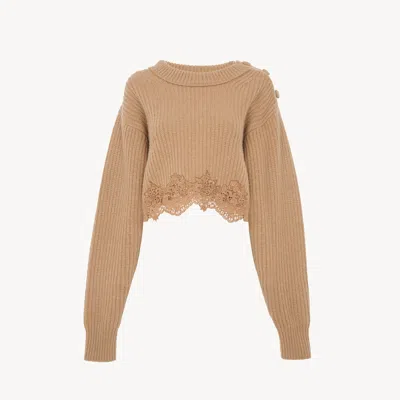 CHLOÉ PULL COURT EN MAILLE DE LAINE ET CACHEMIRE ET DENTELLE
