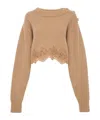 Chloé Pullover Corto Con Collo A Lupetto In Maglia Di Lana E Cashmere Con Pizzo In Neutral