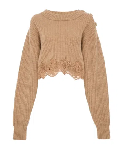 Chloé Lace-trimmed Wool And Cashmere-blend Sweater In Brown
