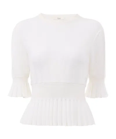 Chloé Cropped Ruffle Sweater In A Wool Knit In White