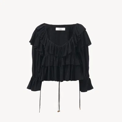 Chloé Top Court À Volants En Viscose Florale Femme Noir Taille 40 100% Viscose In Black