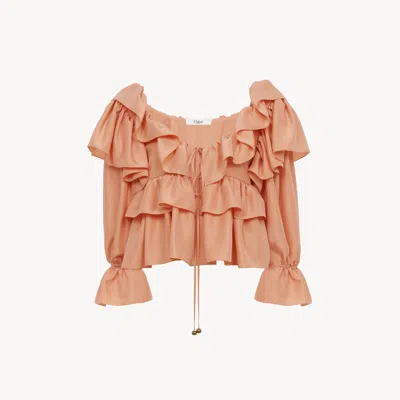CHLOÉ TOP COURT À VOLANTS EN POPELINE DE SOIE LAVÉE FEMME ROUGE TAILLE 36 100% SOIE