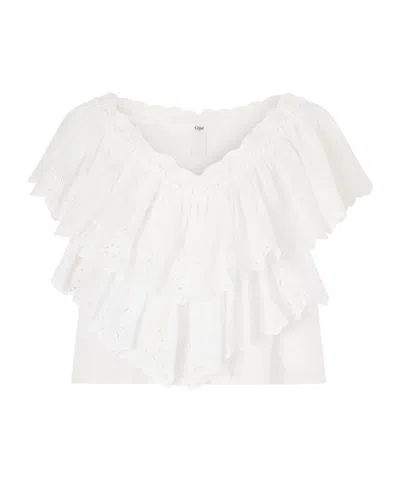 Chloé Cropped Ruffled Broderie Anglaise Cotton Top In White