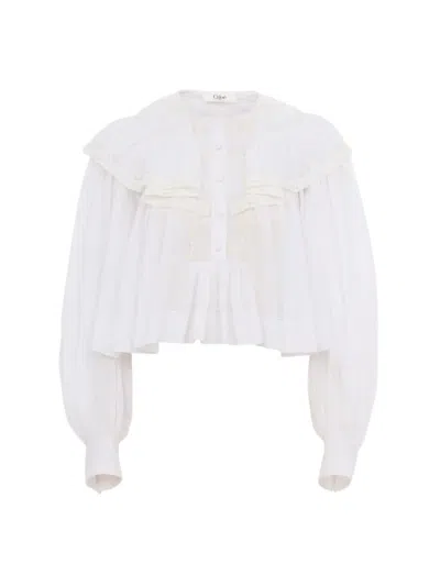 Chloé Voile Ruffled Short Blouse In White