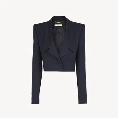 CHLOÉ CROPPED SPENCER JACKET IN WOOL GRAIN DE POUDRE BLUE SIZE 10 100% WOOL, HORN BUBALUS BUBALIS, FARMED,
