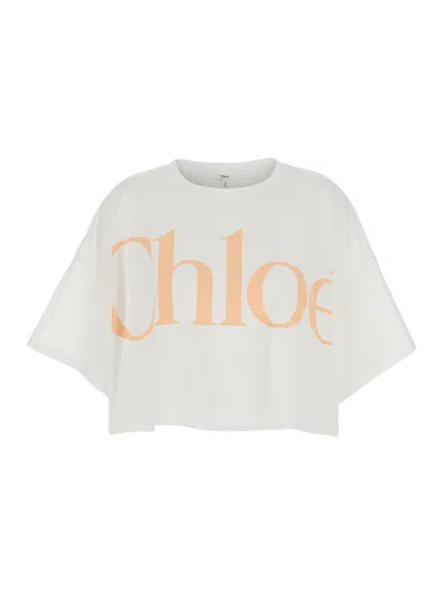 CHLOÉ CHLOÉ WOMEN WHITE CROPPED CREWNECK T-SHIRT WITH MAXI LOGO PRINT ON THE FRONT IN COTTON WOMAN