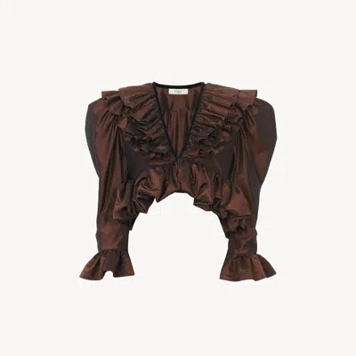 Chloé Cropped V-neck Ruffle Top In Washed Silk Taffeta Brown Size 6 100% Silk, Pinctada Maxima, Farmed, Co