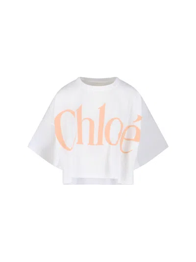 Chloé Cropped White Boxy Top With Peach Graphic Text