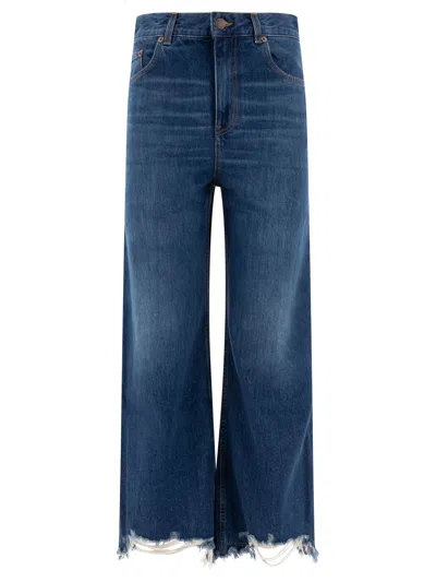 Chloé High Waist Wide-leg Cropped Jeans With Raw Hem In Night Blue