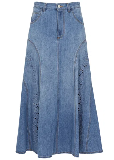 Chloé Embroidered Denim Midi Skirt In Blue