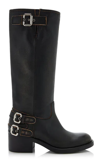 Chloé Dakota Burnished Leather Knee-high Moto Boots In Black