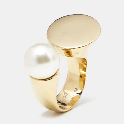 Pre-owned Chloé Darcey Faux Pearl Gold Tone Ring Size 57