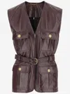 Chloé Leather Belted Waist Sleeveless Jacket In Burgundy