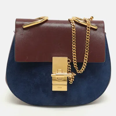 Pre-owned Chloé Dark Brown/blue Leather And Suede Small Drew Shoulder Bag