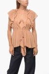 Chloé Deep Neckline Silk Frill Top In Orange