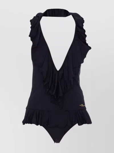 Chloé Deep V-neck One Piece Swimwear With Flounces In Black