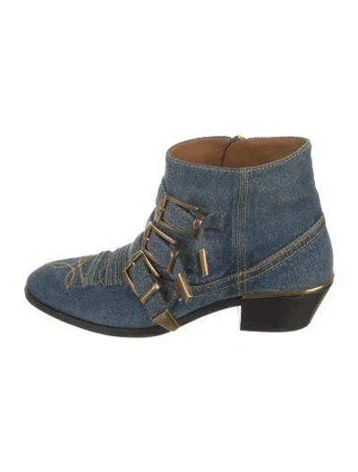 Pre-owned Chloé Denim Colorblock Pattern Western Boots In Blue