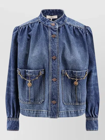 Chloé Denim Jacket Brass Chains Horse Medals In Blue