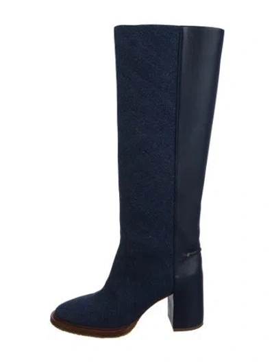 Pre-owned Chloé Denim Leather Trim Embellishment Boots In Blue
